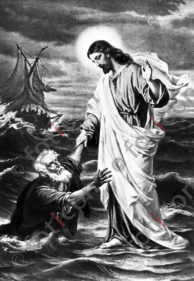 Jesus und Petrus am See Genezareth | Jesus and Peter at the Sea of Galilee - Foto simon-134-028-sw.jpg | foticon.de - Bilddatenbank für Motive aus Geschichte und Kultur